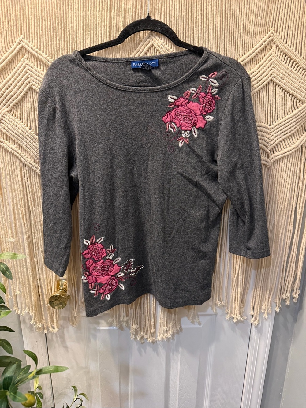 Karen Scott Gray Long Sleeve Top with Pink Floral Embroidery